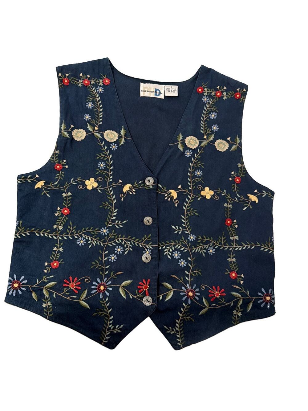Vintage Paul Harris Floral Embroidered Vest 100% Cotton Size Small Boho